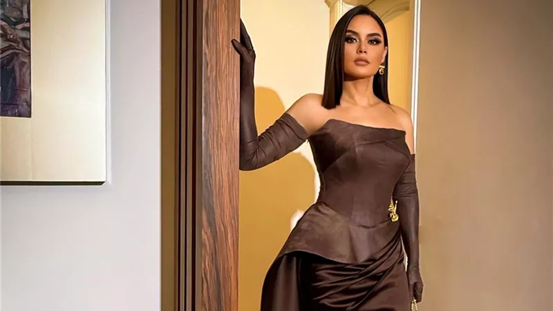 رشا مهدي في Joy Awards  بفستان بني شمواه من تصميم أيمن لحموني